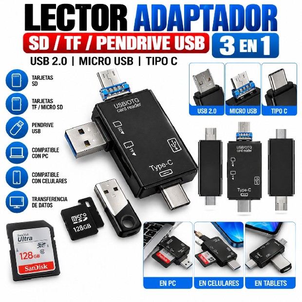&ua LECTOR MEMORIAS SD TF PENDRIVE USB TIPO C (2348)